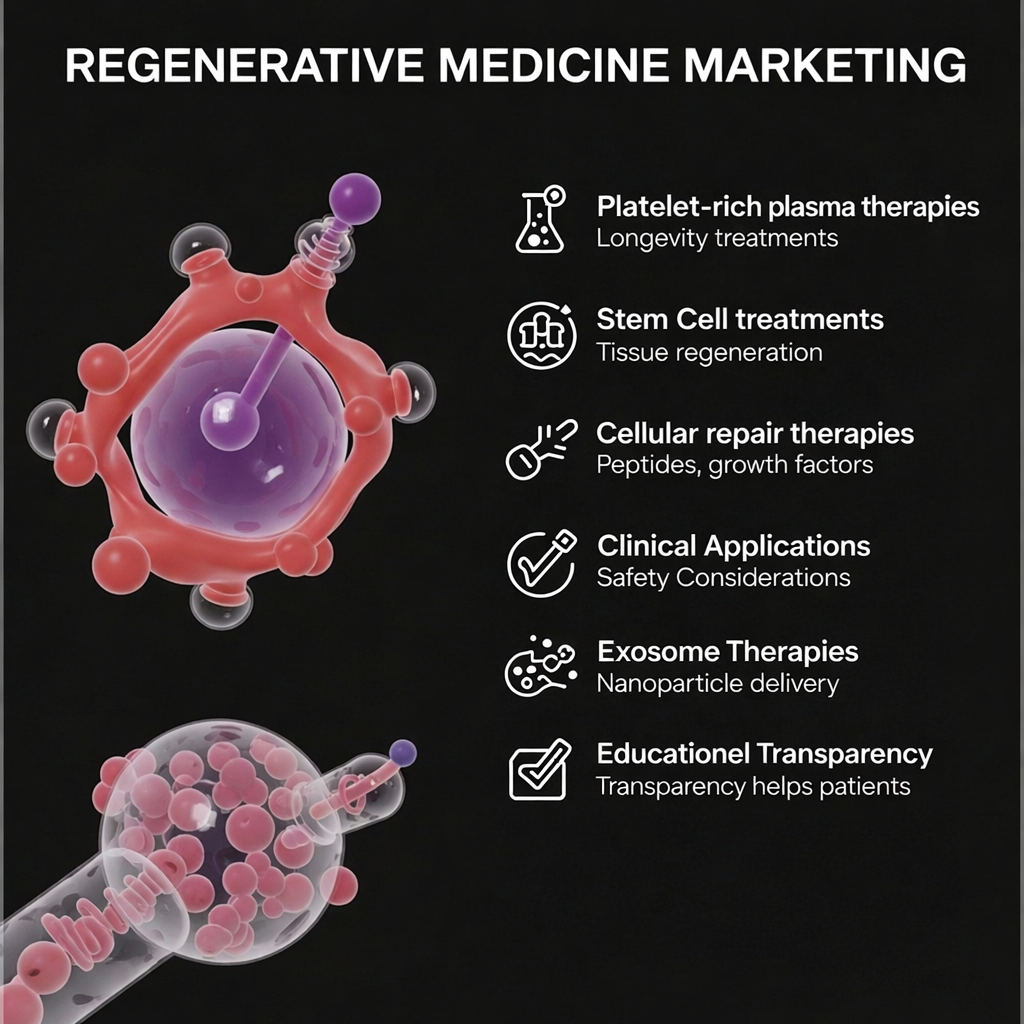 A 3D illustration of molecular and cellular structures alongside a list of regenerative marketing content strategies, including stem cell treatments and clinical applications.