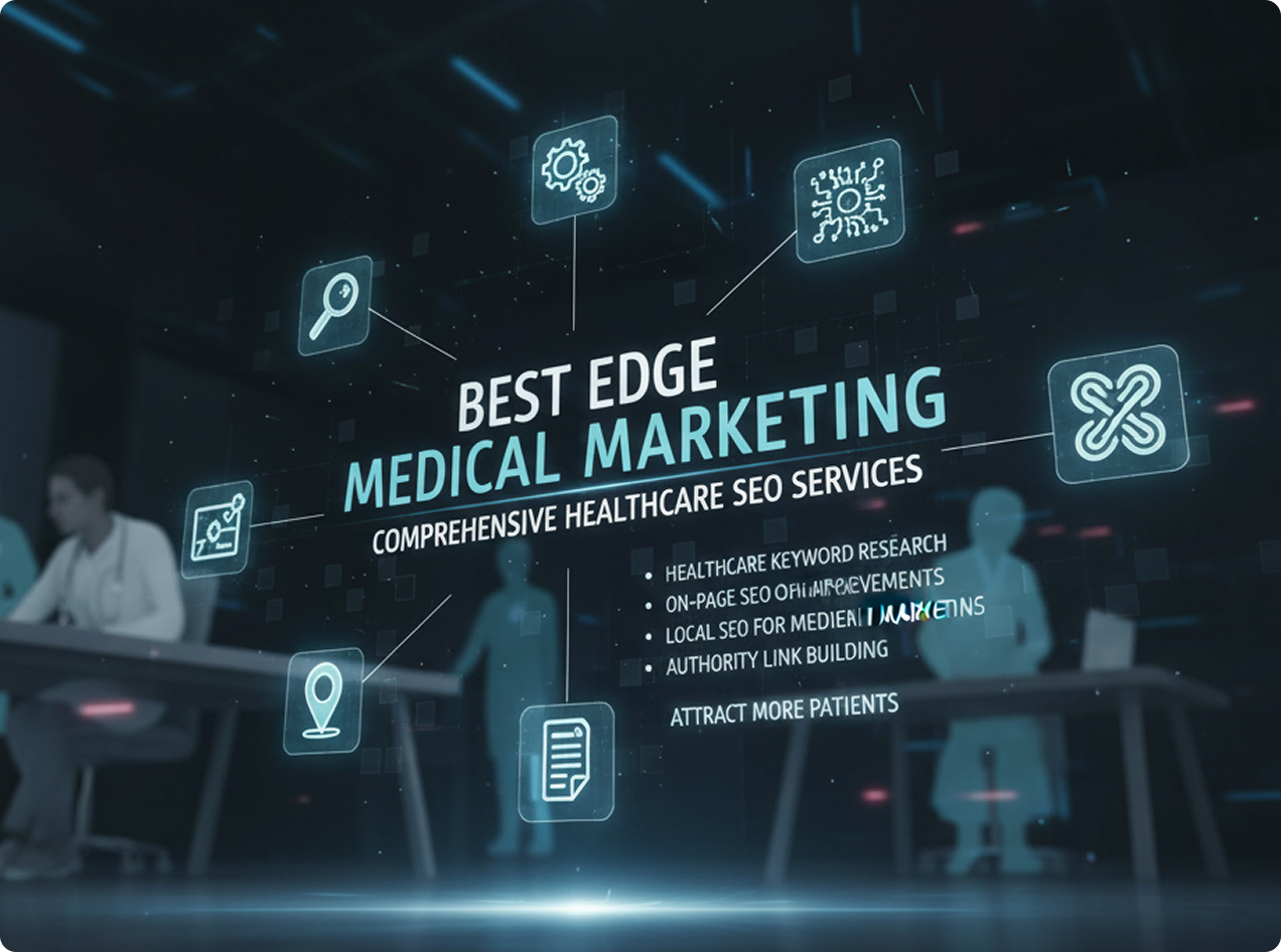 Dark digital interface showing "Best Edge Medical Marketing" with icons for data, search, and medical connectivity.