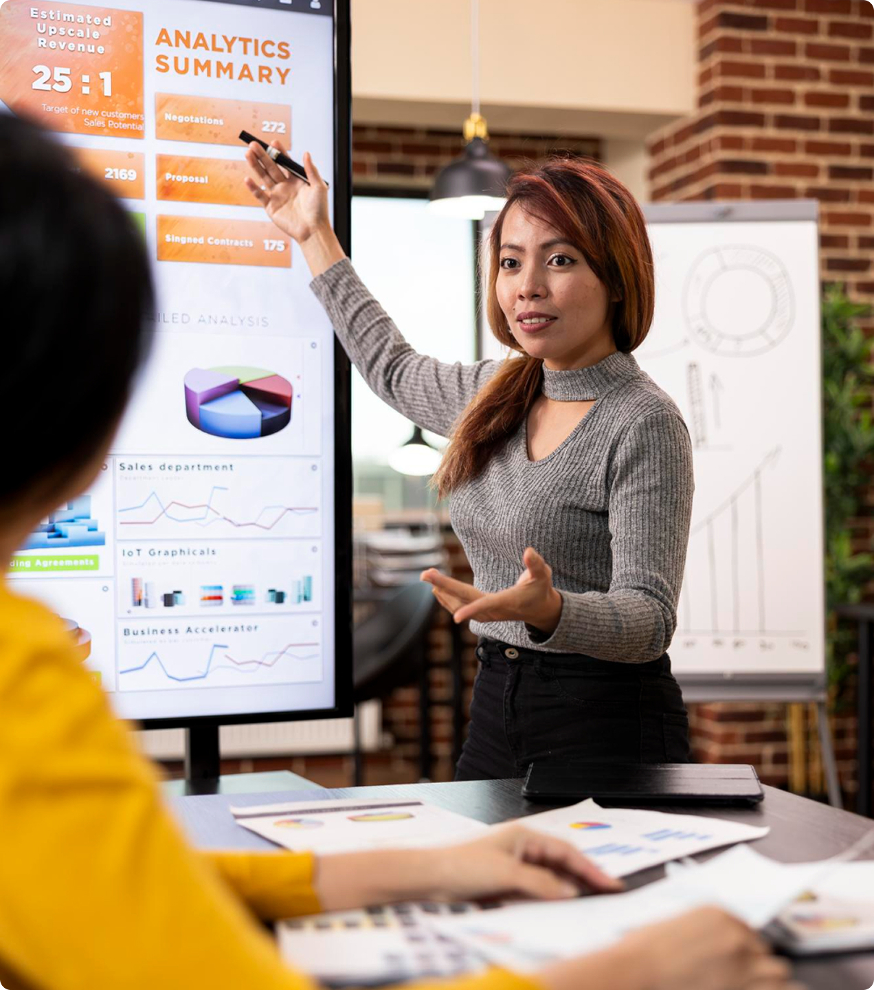 A professional woman presenting an "Analytics Summary" chart on a large screen to a colleague.