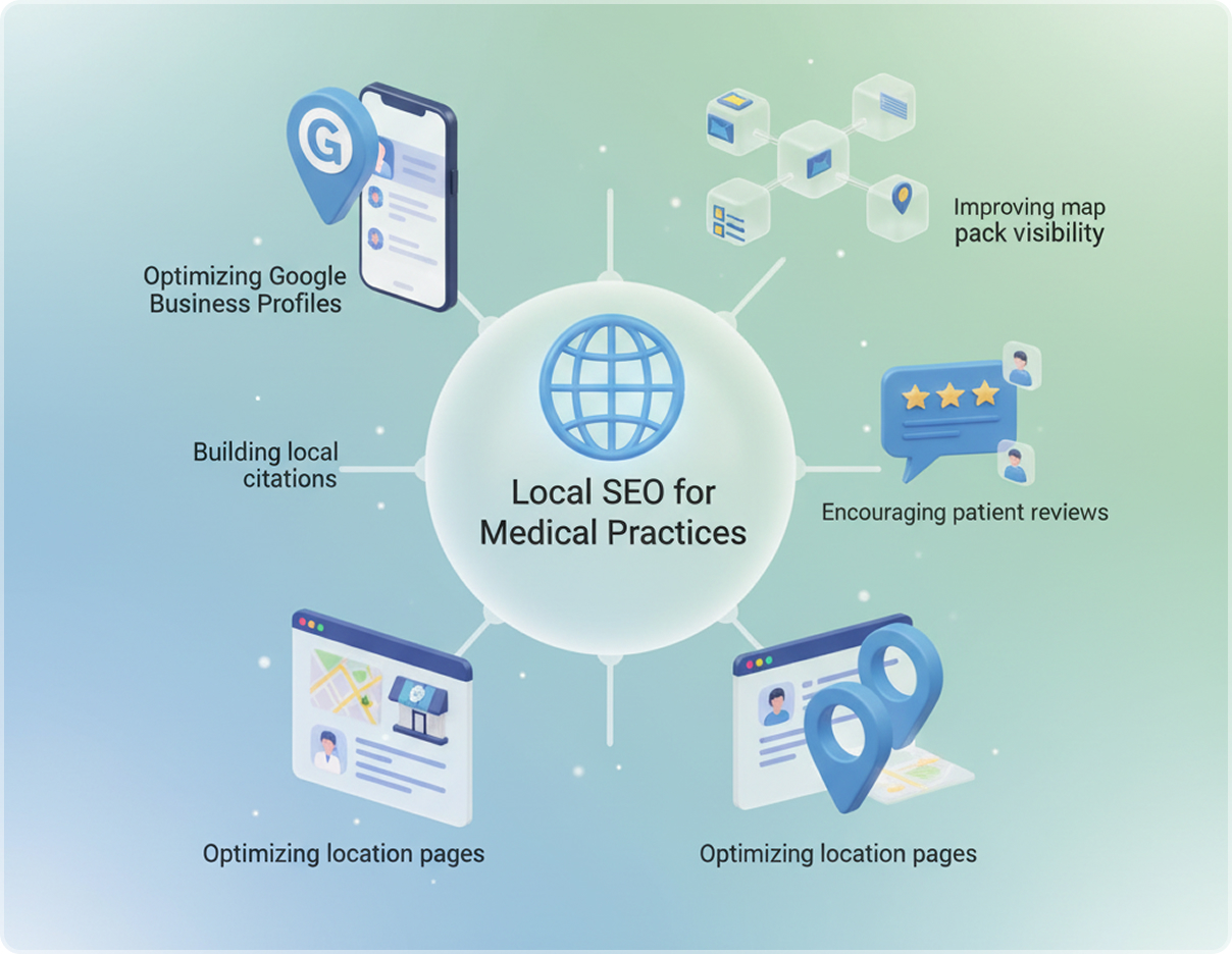 Diagram showing a central globe linked to Google Business Profile and local citations.