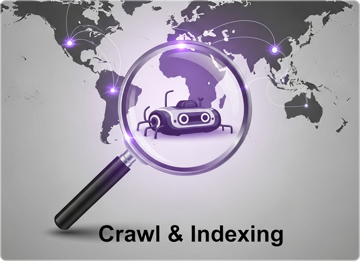 A magnifying glass over a computer chip with the text "Crawl & Indexing."