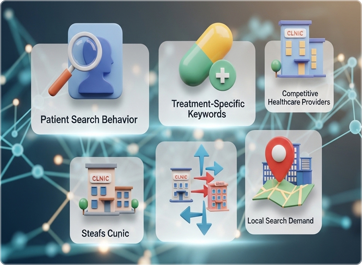 Infographic showing icons for patient intent, trends, and competitor analysis.