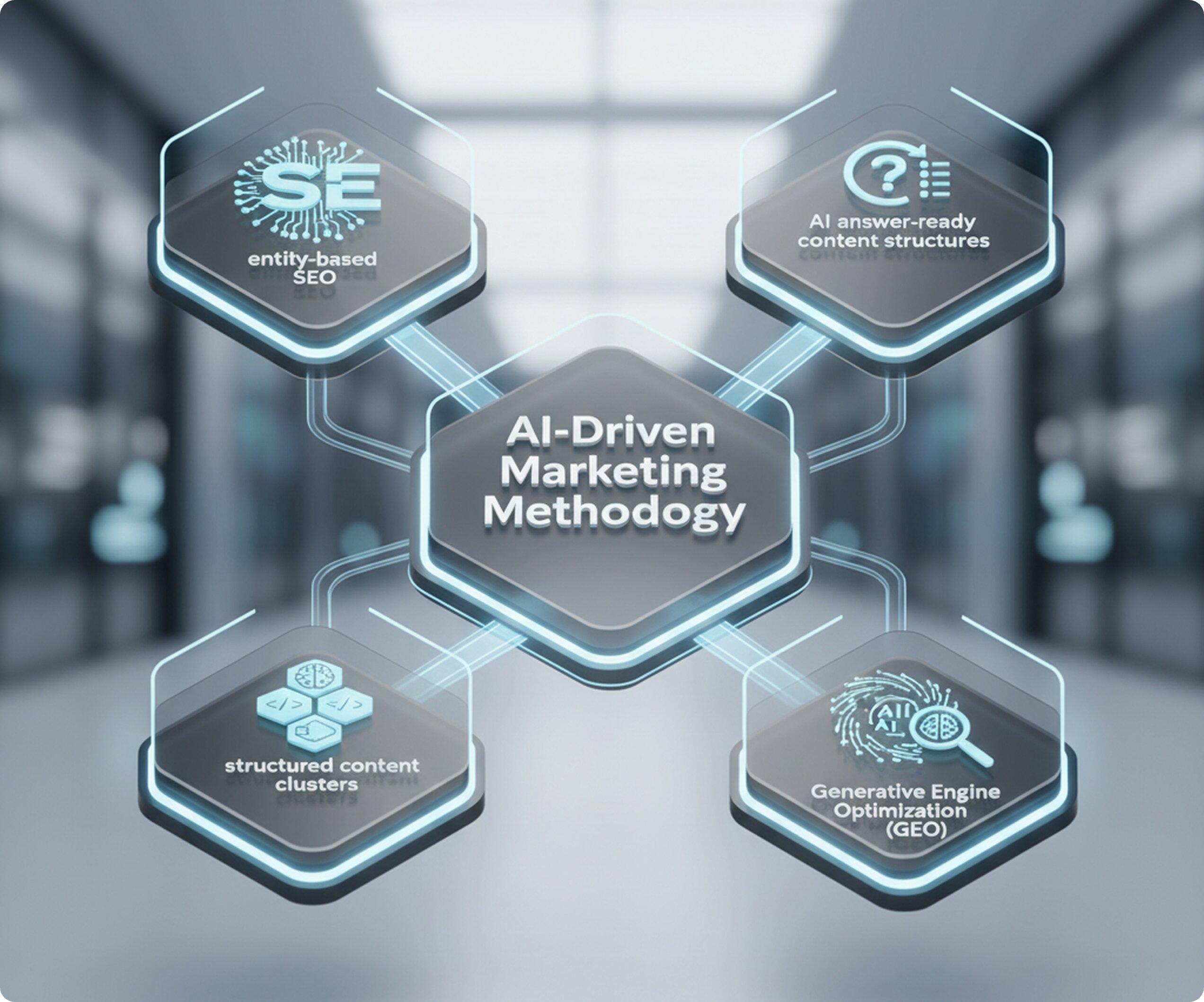 A 3D infographic featuring glowing hexagonal glass panels connected by light trails, illustrating concepts like entity-based SEO and Generative Engine Optimization.