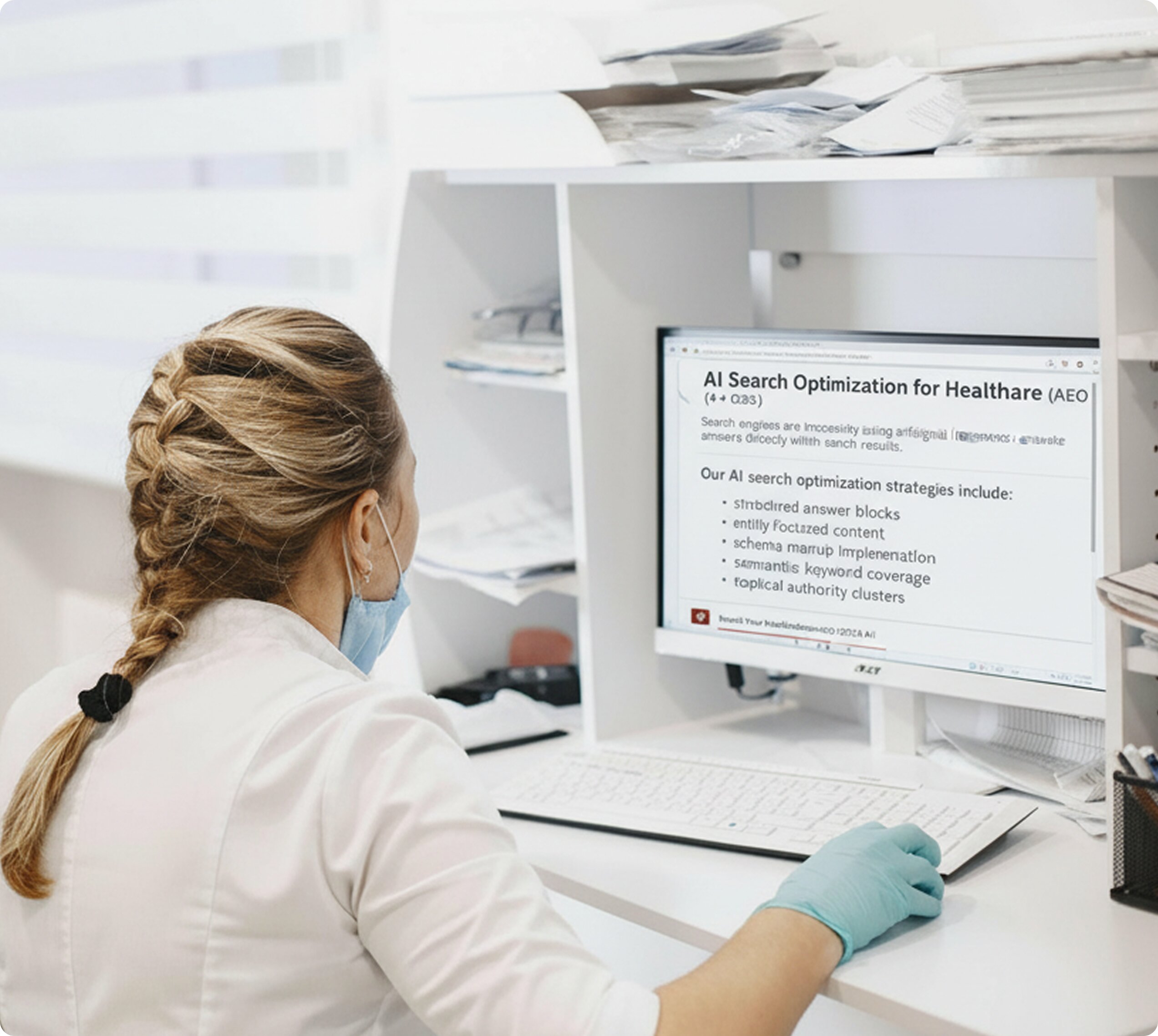 A medical professional in a white coat and blue gloves sitting at a desk, reviewing a computer monitor displaying AI search optimization strategies.