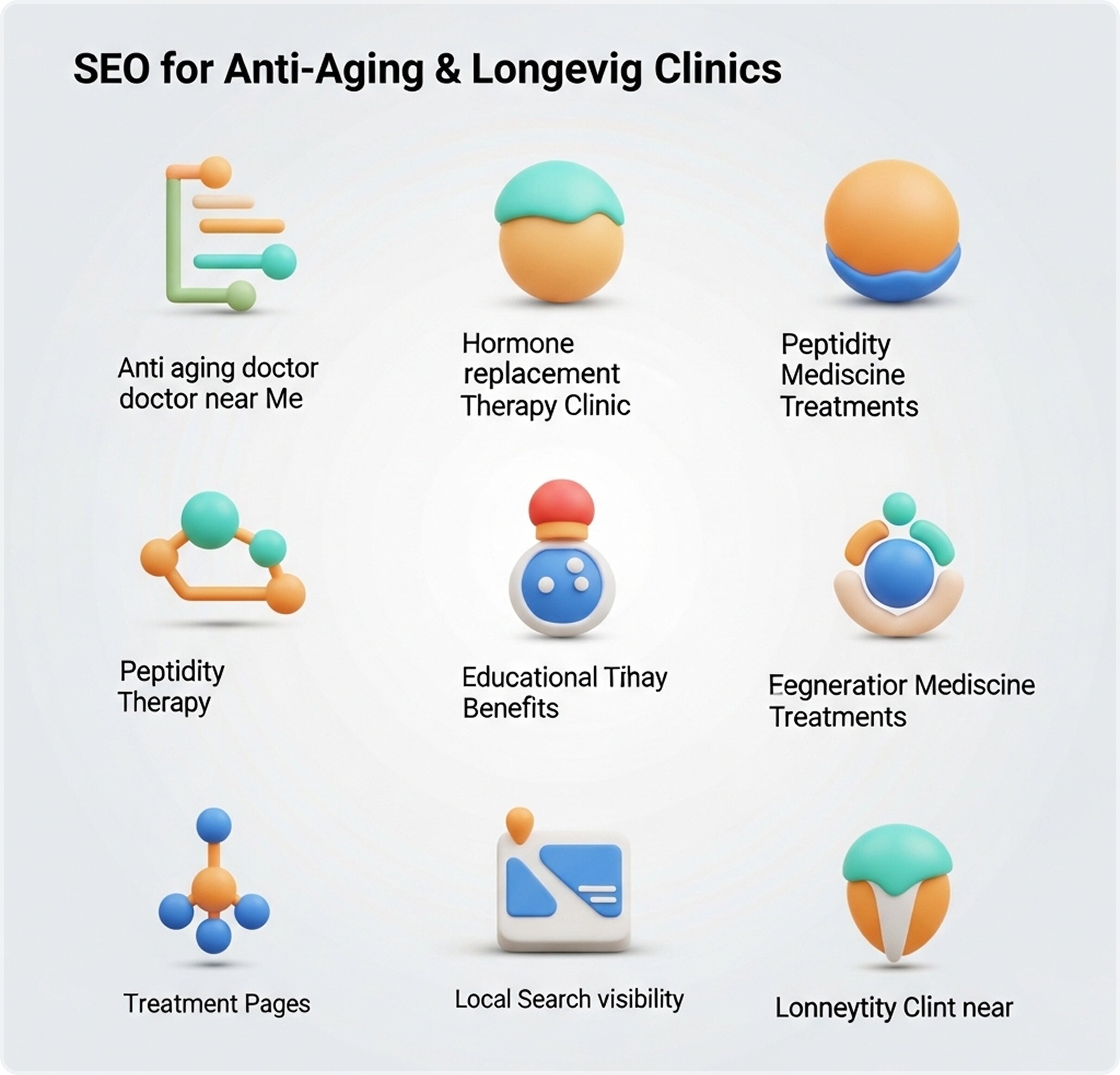 A grid of colorful 3D icons representing common SEO search targets like hormone replacement therapy, regenerative medicine, and local clinic visibility.