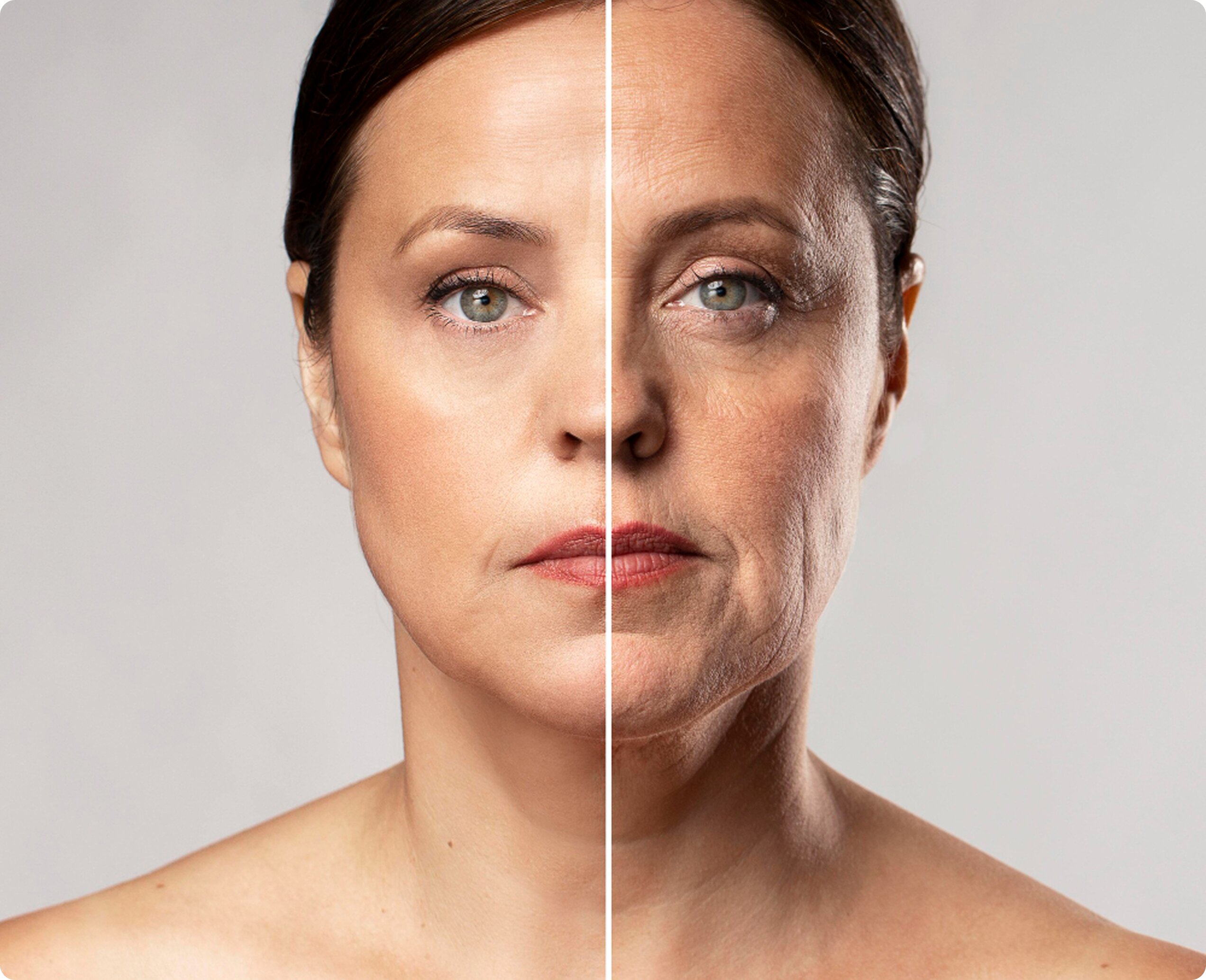 A split-face portrait of a woman showing a before-and-after comparison, with smooth, rejuvenated skin on one side and visible signs of aging and wrinkles on the other.