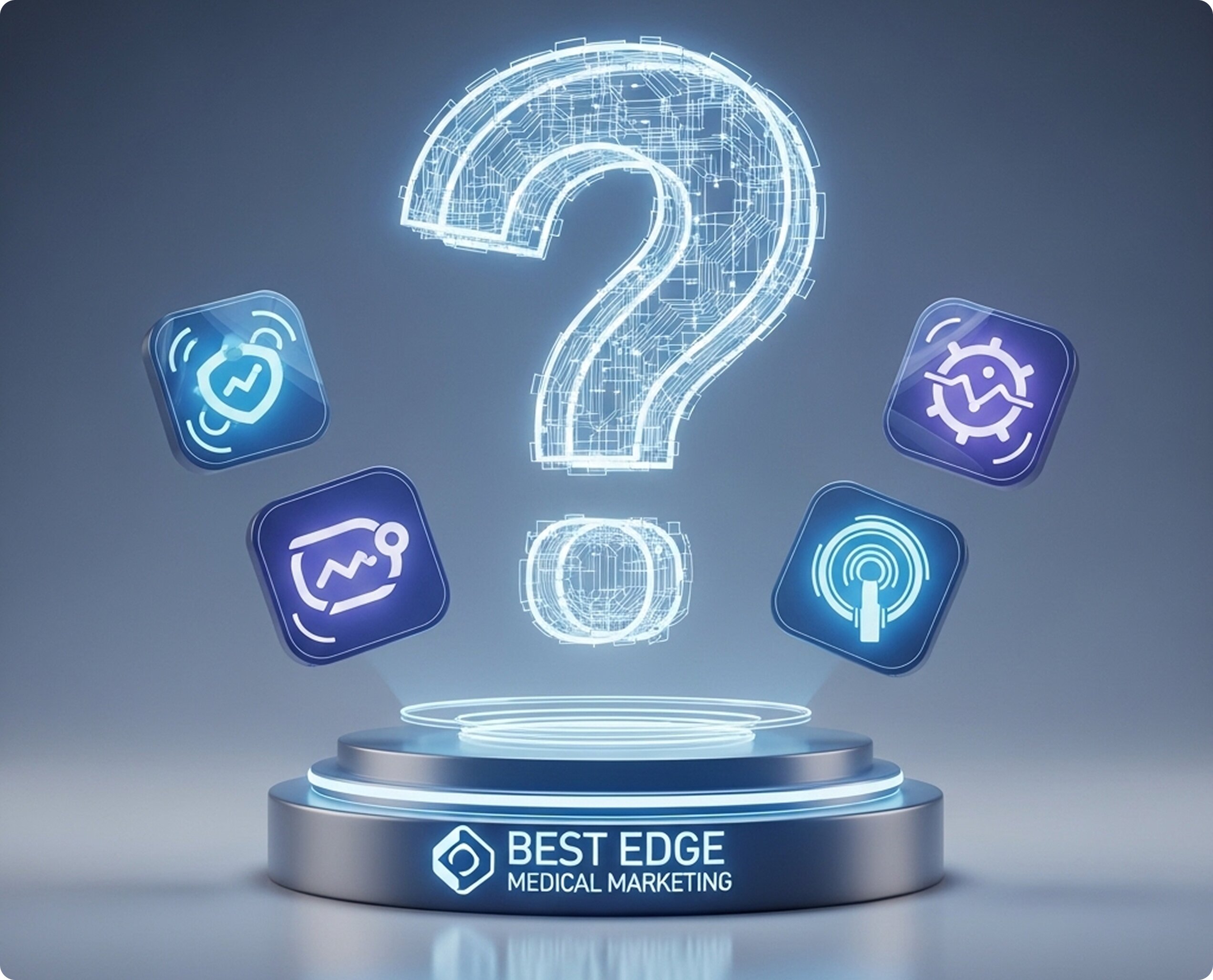 A 3D illustration of a glowing digital question mark hovering over a metallic pedestal featuring the Best Edge Medical Marketing logo, surrounded by four floating analytics and technology icons.