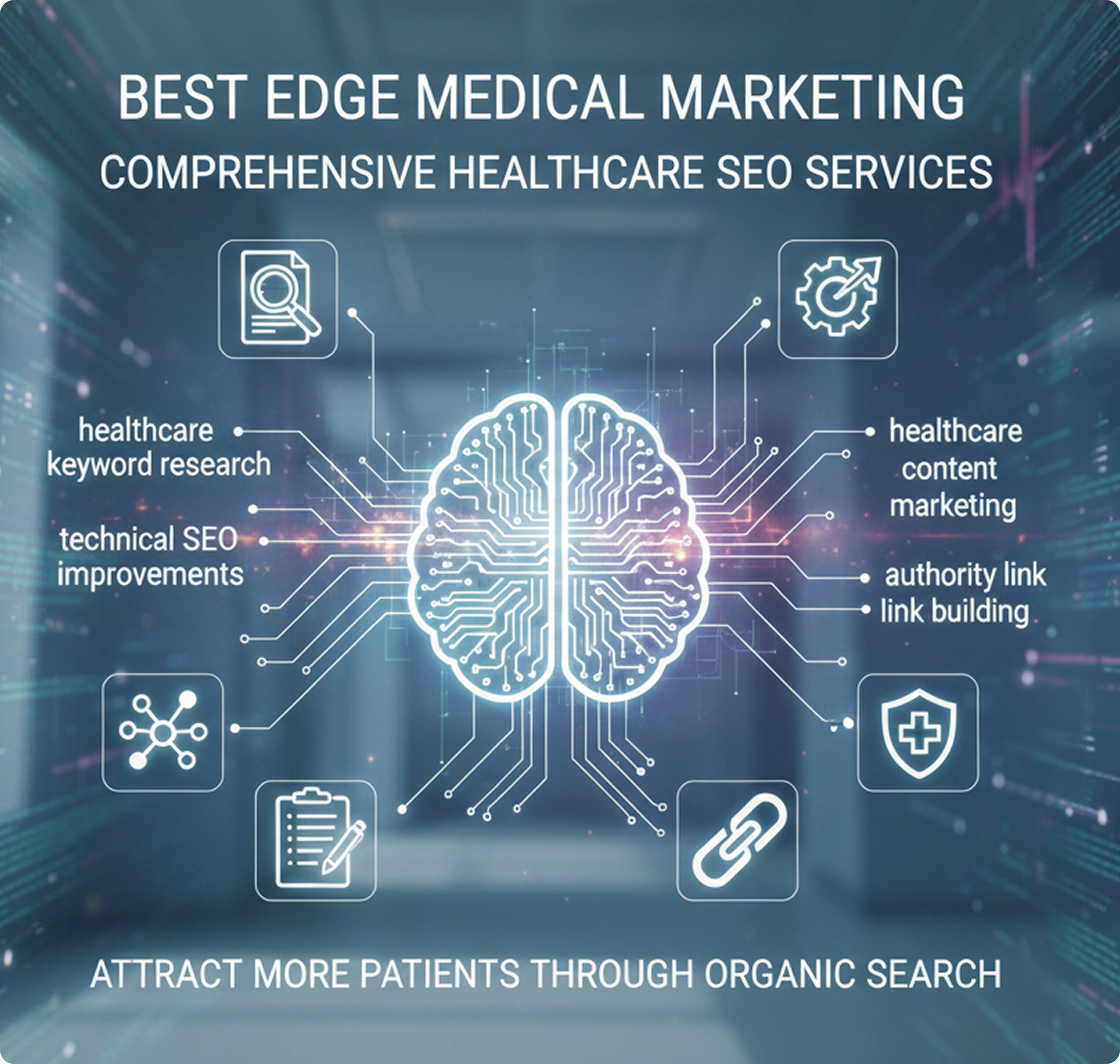 A digital illustration of a glowing brain made of circuit board lines, connecting to various healthcare SEO services like keyword research, technical SEO, and content marketing.