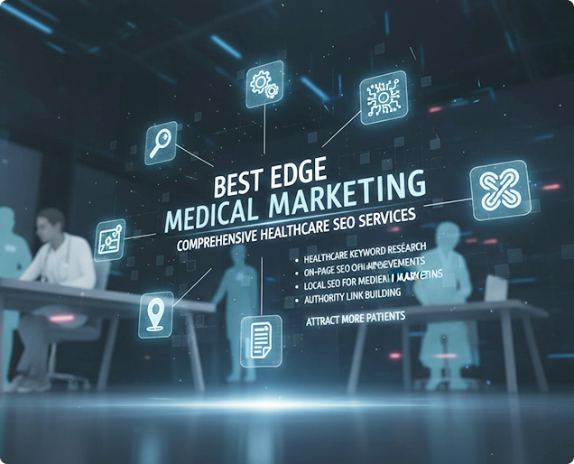 A high-tech digital display for Best Edge Medical Marketing showcasing SEO services like local SEO for medical marketing, keyword research, and authority link building in a futuristic medical office setting.