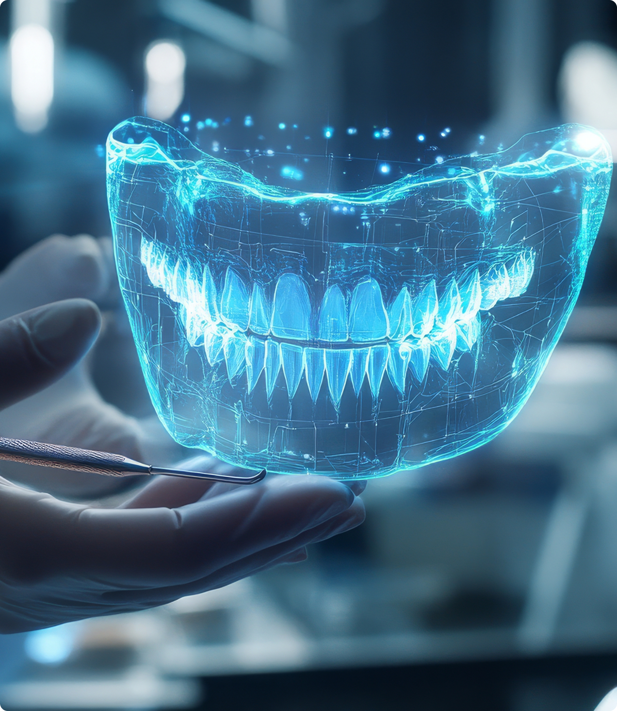 A widescreen computer monitor in a modern dental office displaying a high-resolution 3D digital scan of a patient's teeth and gingiva.