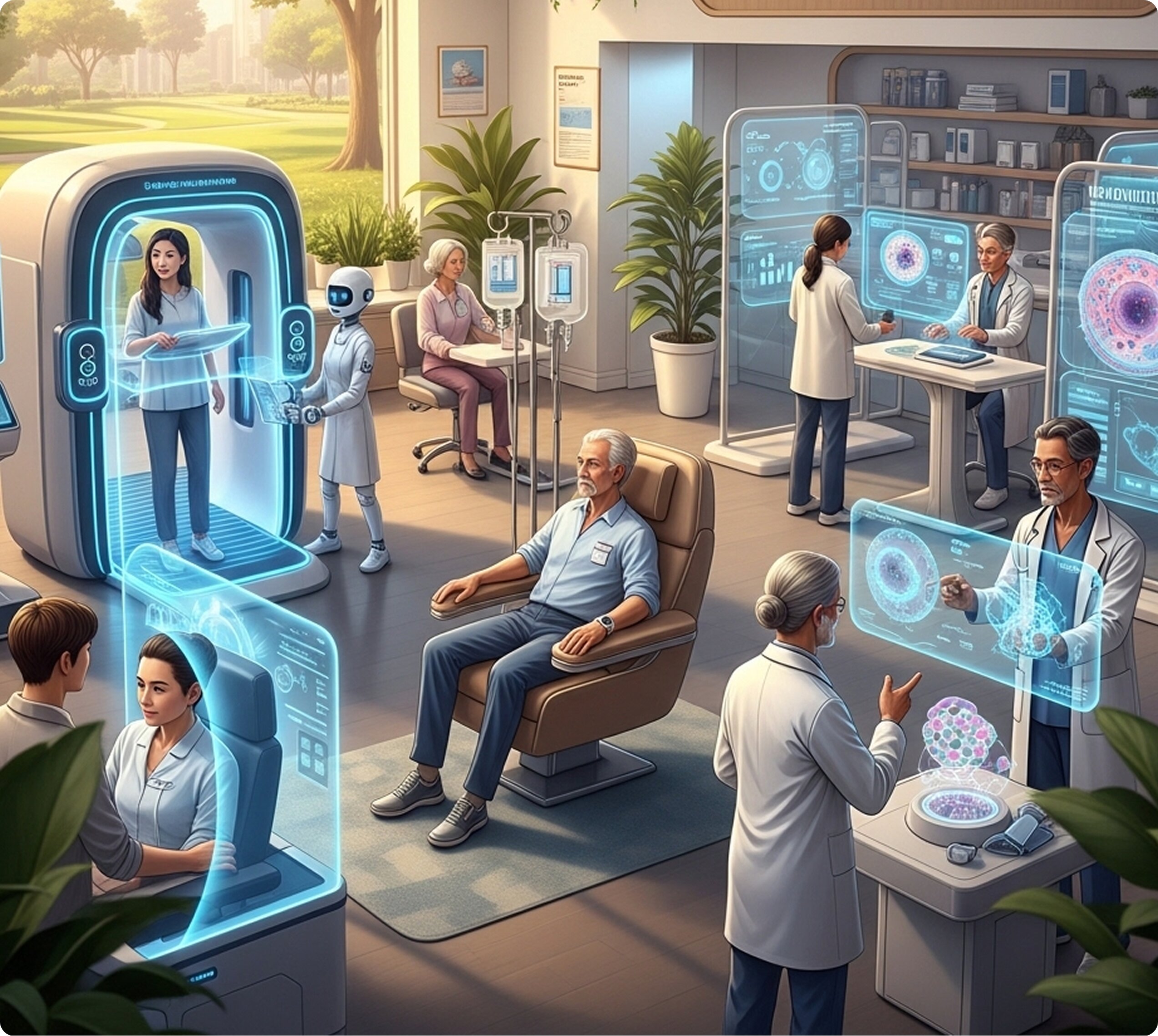 A futuristic conceptual illustration of a high-tech longevity clinic, showing patients and doctors interacting with holographic medical displays, wellness pods, and IV therapies.