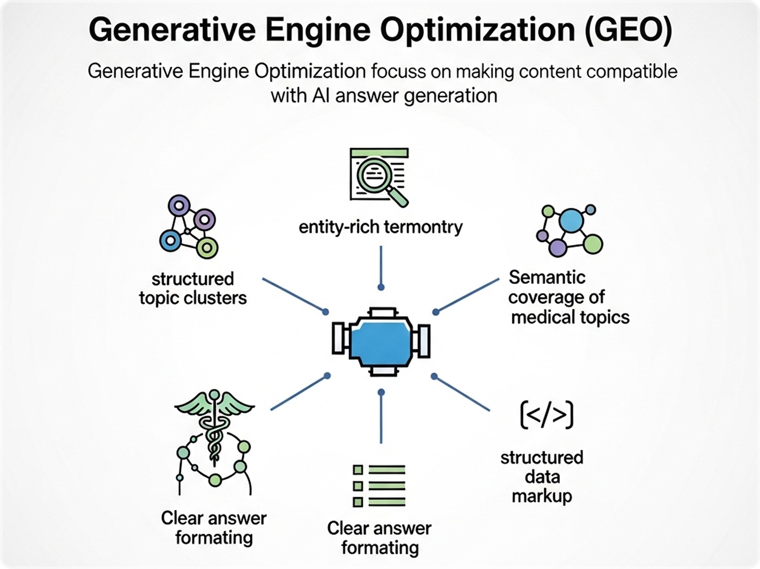 An infographic illustrating Generative Engine Optimization strategies, showing how structured topic clusters, entity-rich terminology, semantic coverage, structured data markup, and clear answer formatting feed into an AI engine.