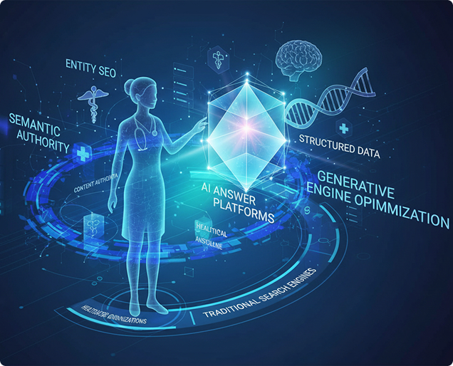 A high-tech digital graphic illustrating AI Answer Platforms, Generative Engine Optimization, and Semantic Authority for healthcare marketing.