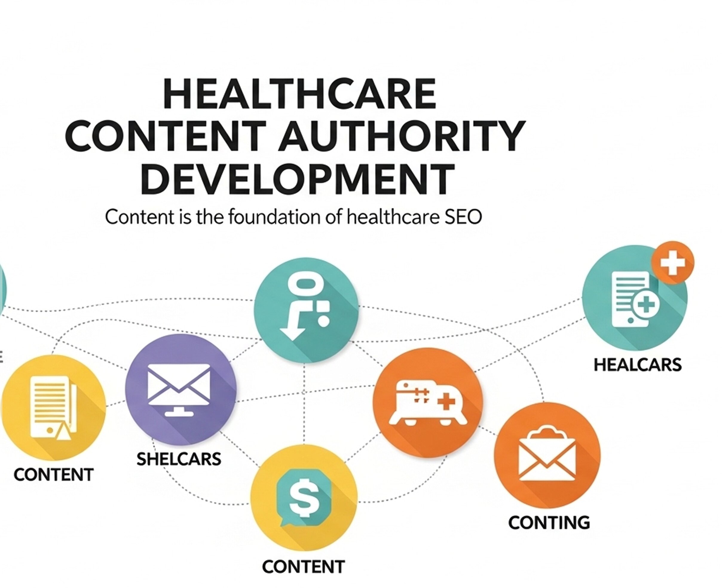 A diagram showing connected circular nodes representing different types of healthcare content, such as email, documents, and medical data, linked together to build SEO authority.