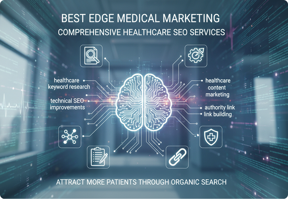Infographic for Best Edge Medical Marketing showing healthcare SEO services including keyword research, technical SEO, content marketing, and link building to attract more patients.