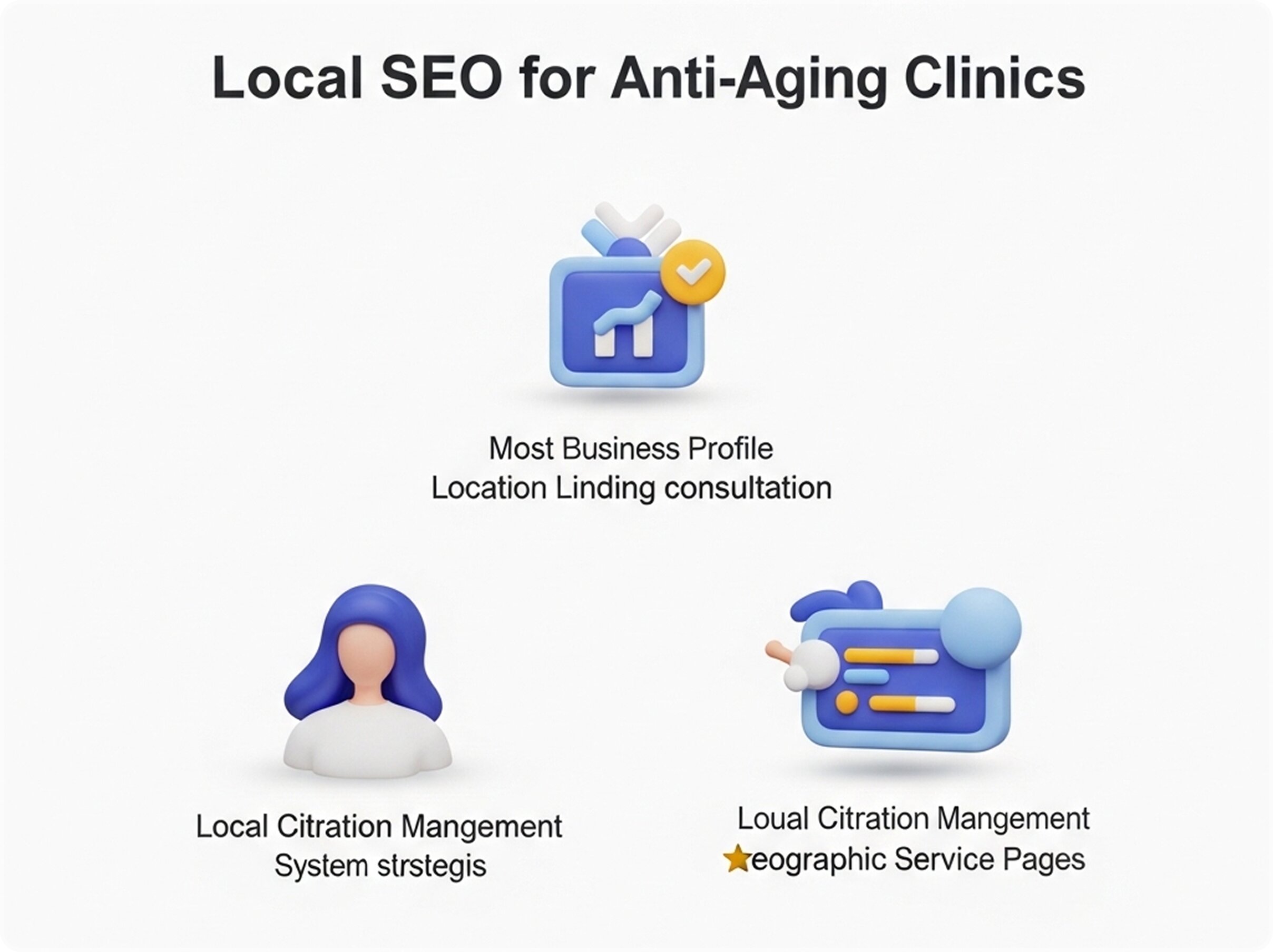 3D icons representing local SEO strategies, including a verified business profile, a user avatar for review management, and a geographic service page layout.