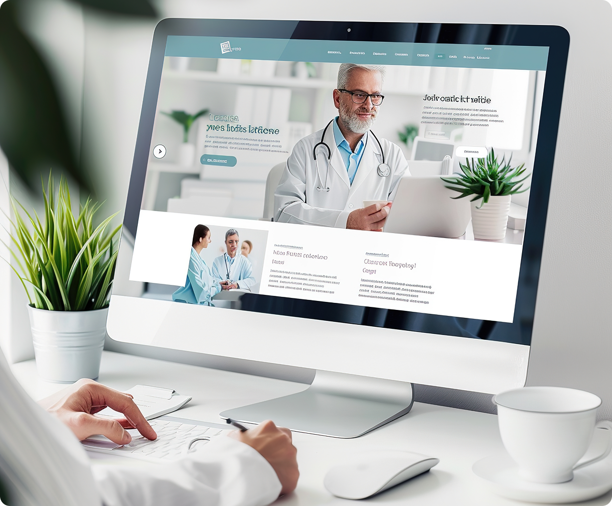 A person working on a computer displaying a modern medical website design with a doctor’s profile and healthcare services.