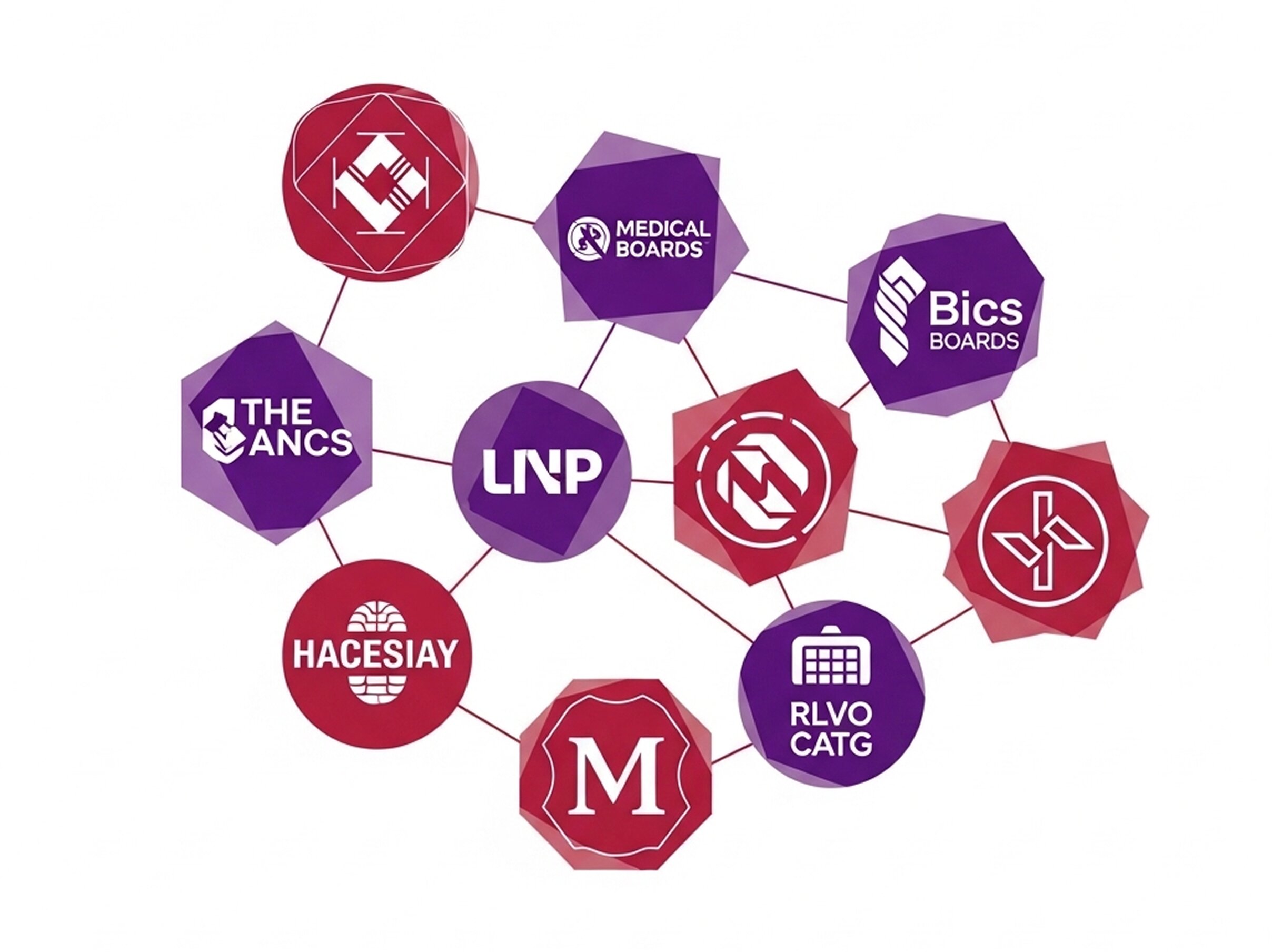 A connected network diagram of various medical board certifications, professional affiliations, and trust badges in purple and red hues.