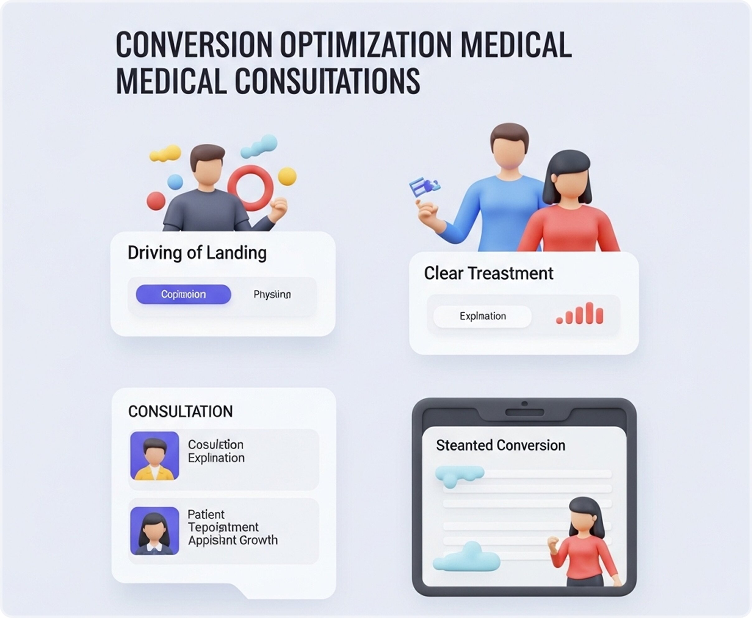 A 3D UI mockup showing four interface cards representing conversion optimization strategies: landing pages, clear treatment explanations, patient consultations, and streamlined scheduling