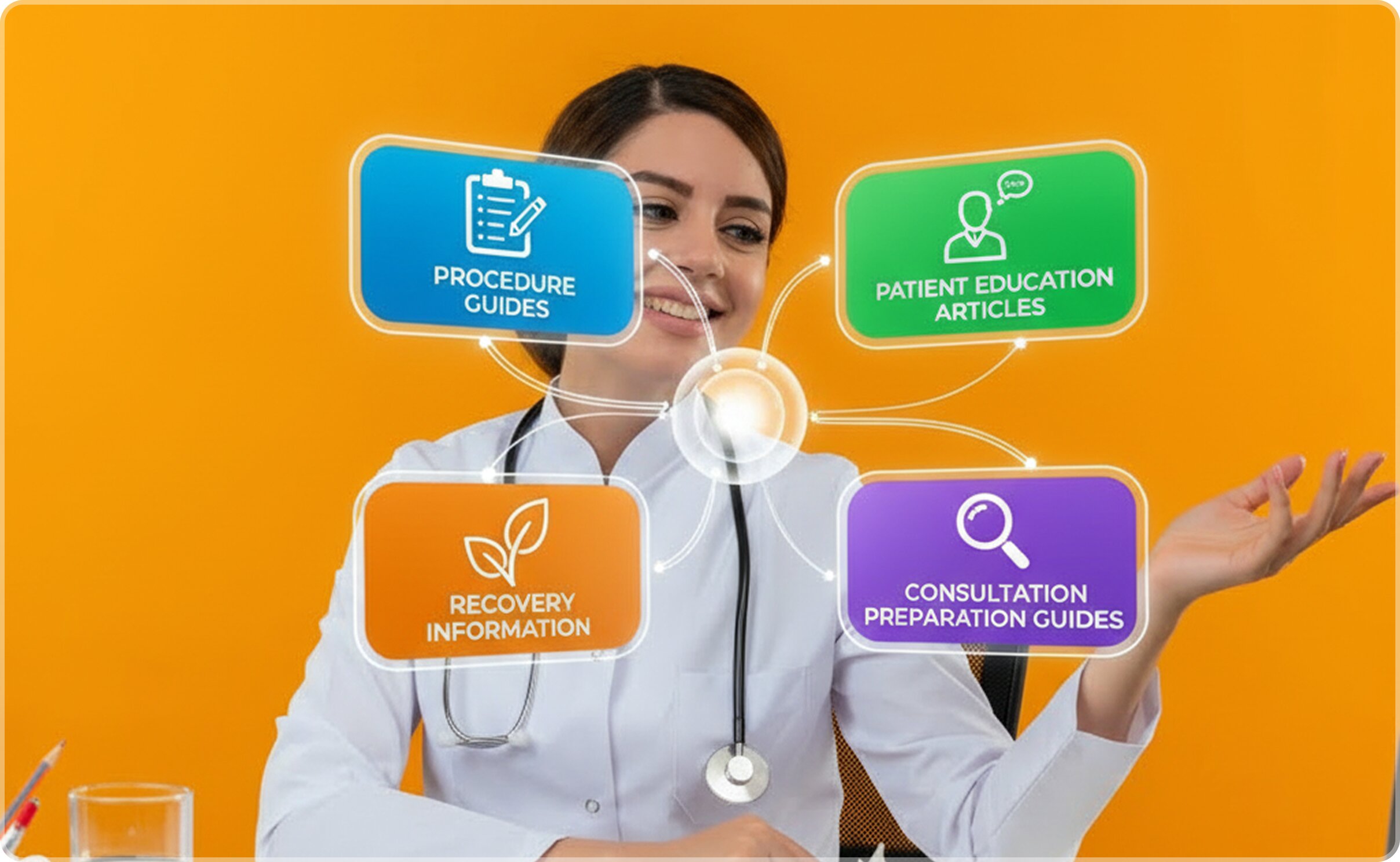 A female medical professional against a bright orange background, interacting with a glowing digital overlay that displays content categories like procedure guides and recovery information.