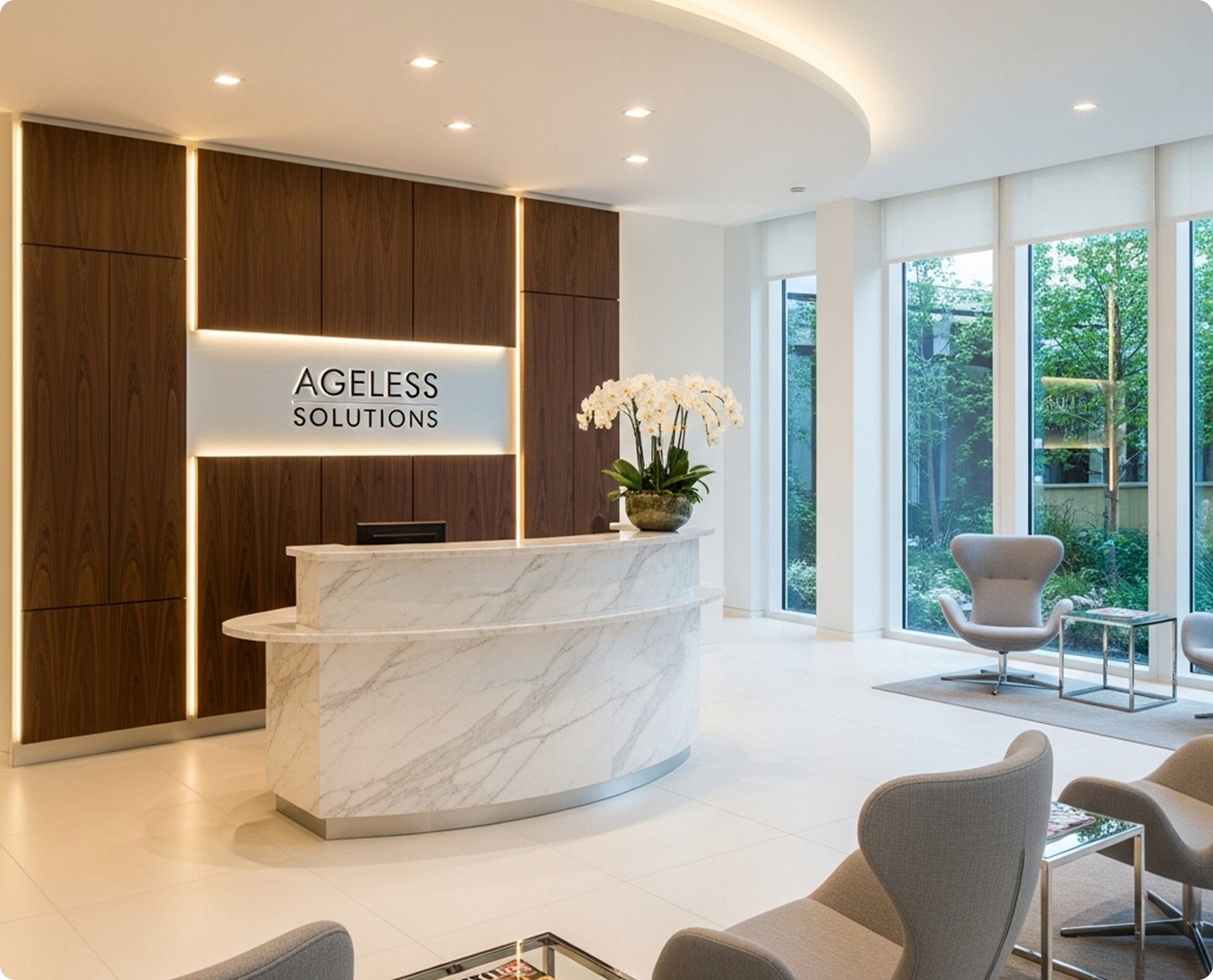 A bright, modern anti-aging clinic reception area featuring a white marble desk, wood-paneled walls with warm lighting, modern seating, and a sign reading 'Ageless Solutions'.