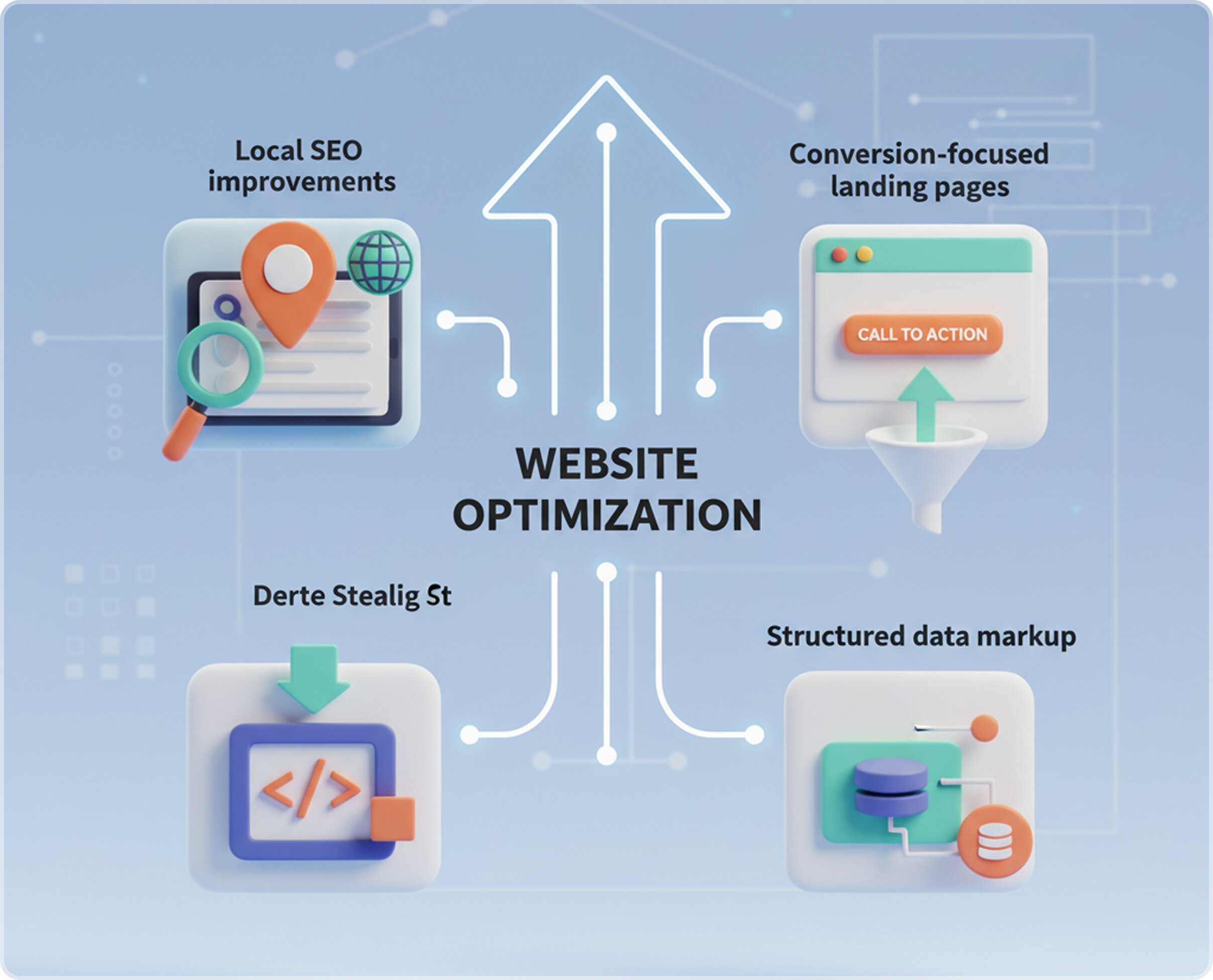 A 3D diagram illustrating website optimization concepts, featuring nodes for local SEO, conversion-focused landing pages with a funnel, and structured data markup.
