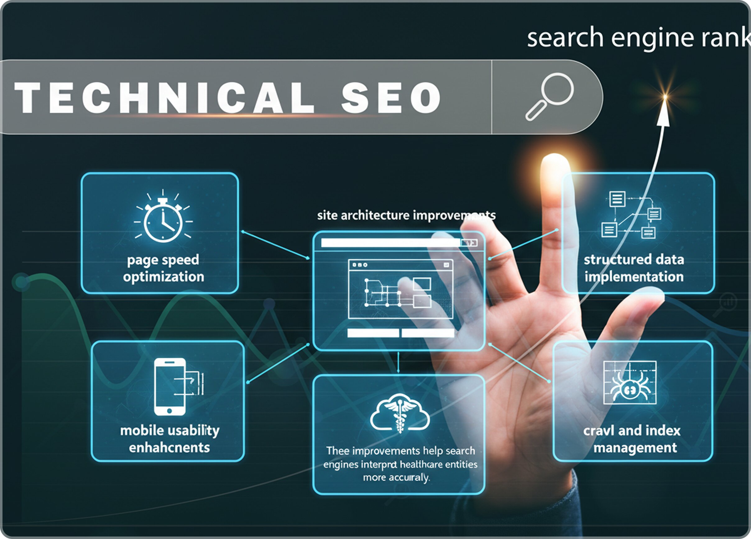 A hand interacting with a glowing digital interface displaying technical SEO concepts like page speed, mobile usability, and structured data implementation.