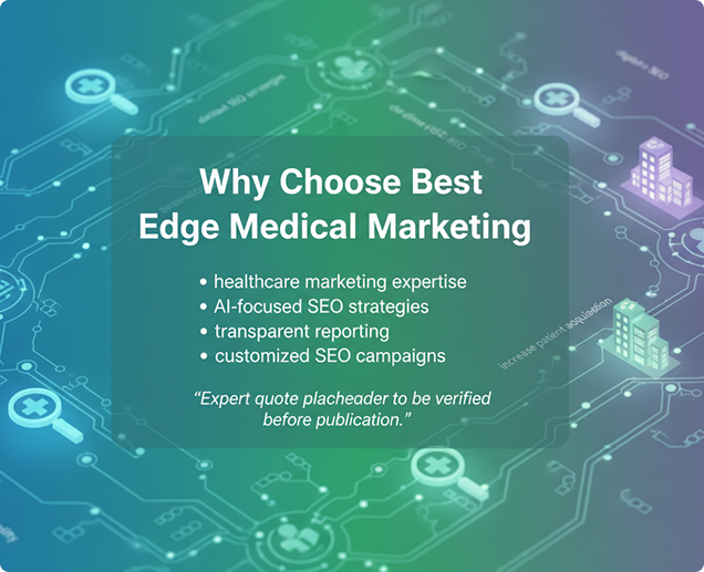 Infographic titled Why Choose Best Edge Medical Marketing featuring healthcare marketing expertise, AI-focused SEO strategies, transparent reporting, and customized campaigns.