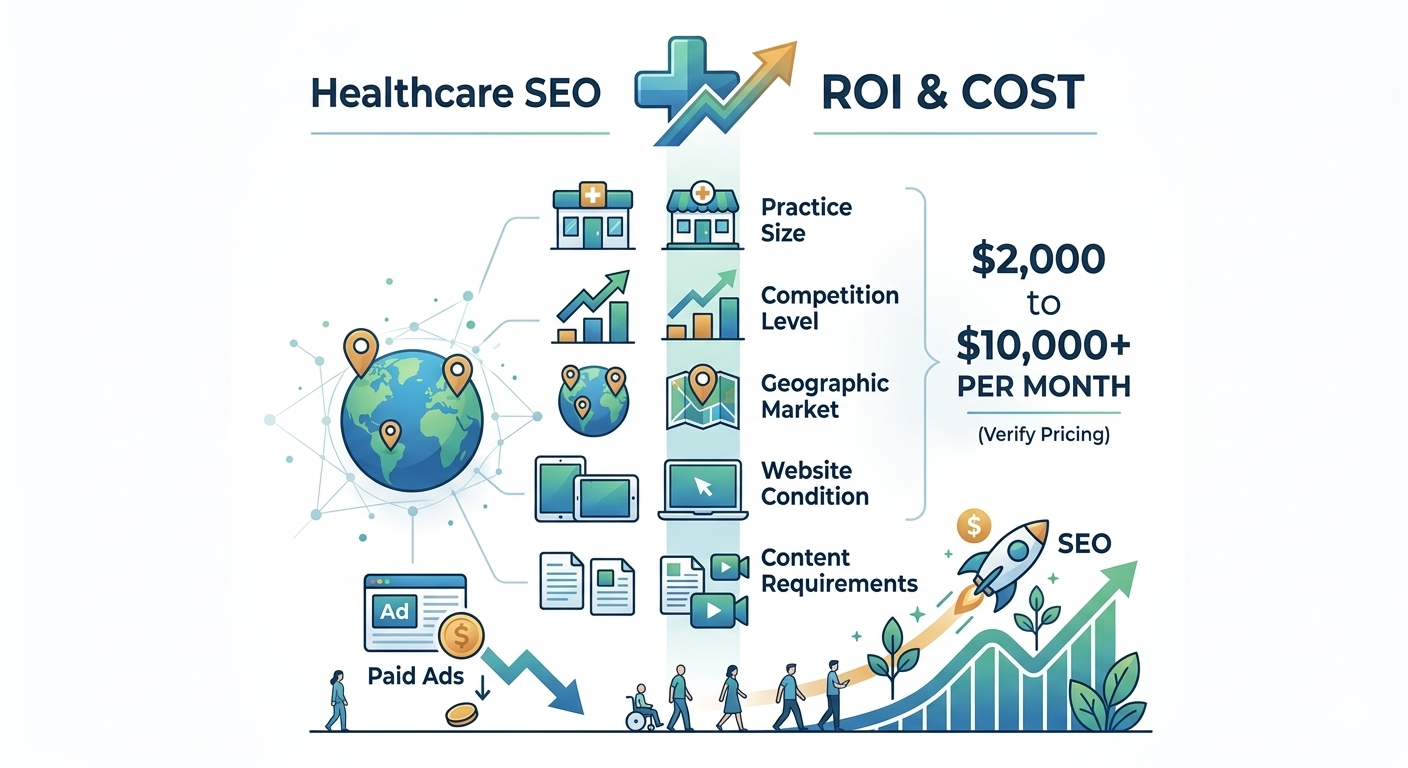 Healthcare SEO cost and ROI comparison showing monthly pricing range and long-term patient traffic growth
