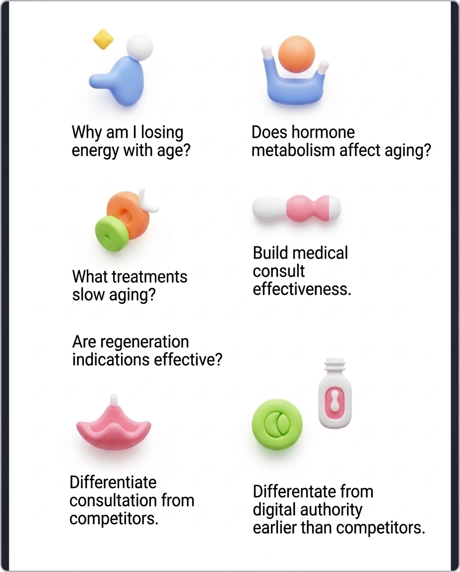 A grid of colorful, abstract 3D icons paired with text representing common patient research questions and marketing goals for longevity clinics.