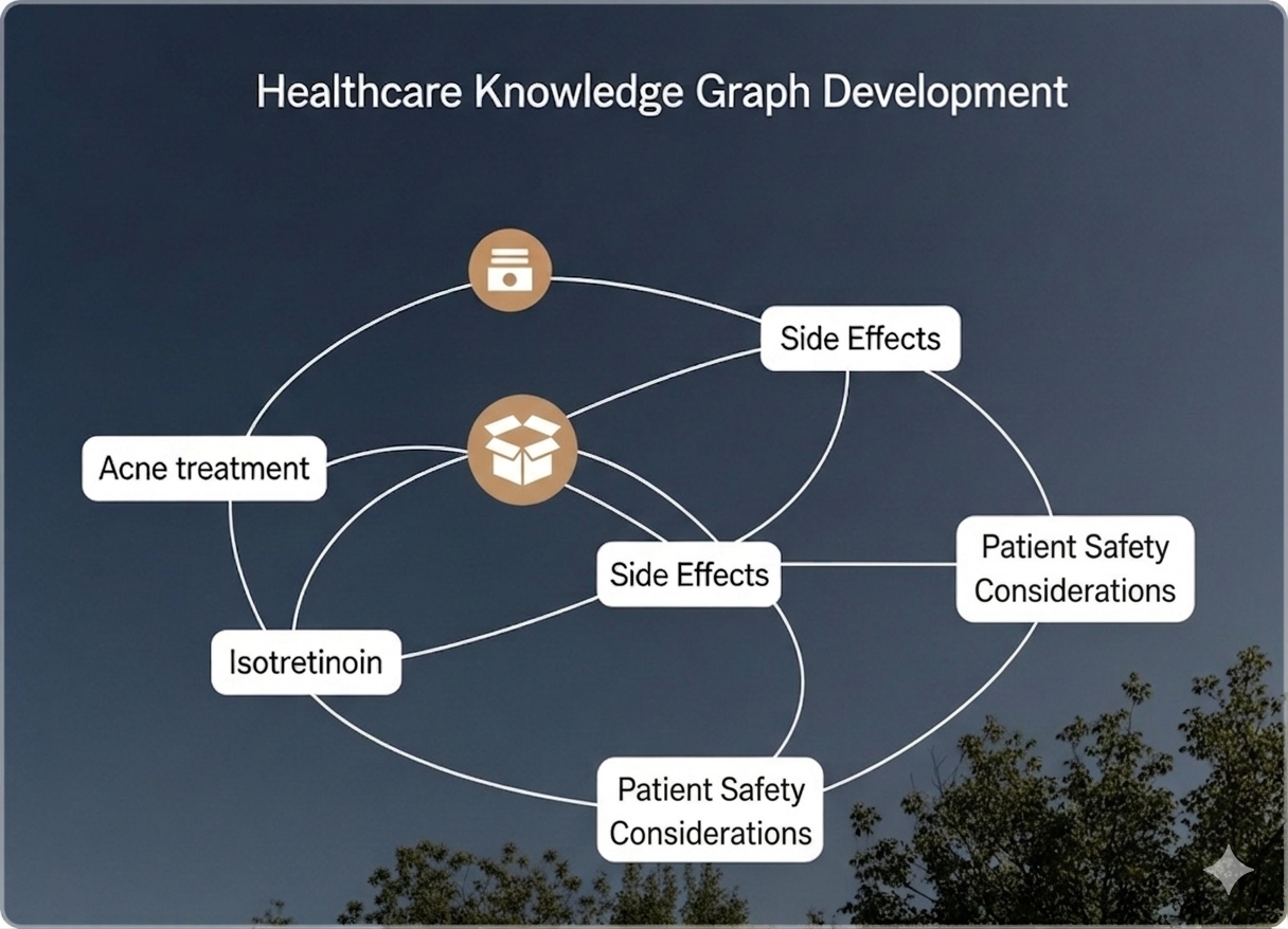 A knowledge graph diagram showing the connected relationships between medical entities, linking acne treatment to isotretinoin, side effects, and patient safety.