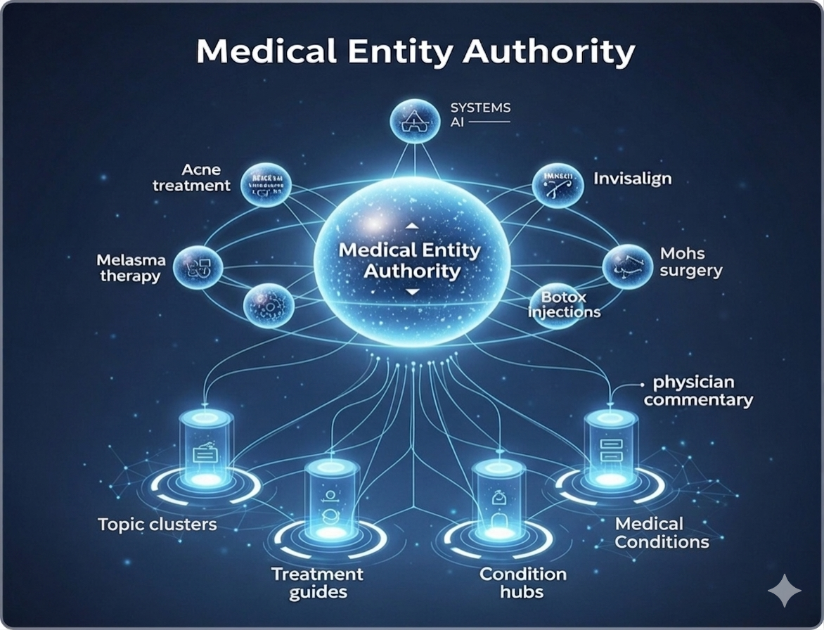 A digital data map illustrating 'Medical Entity Authority', showing a central glowing sphere connected to nodes like 'Acne treatment', 'Invisalign', and 'Botox injections', supported by pillars labeled 'topic clusters' and 'treatment guides'.