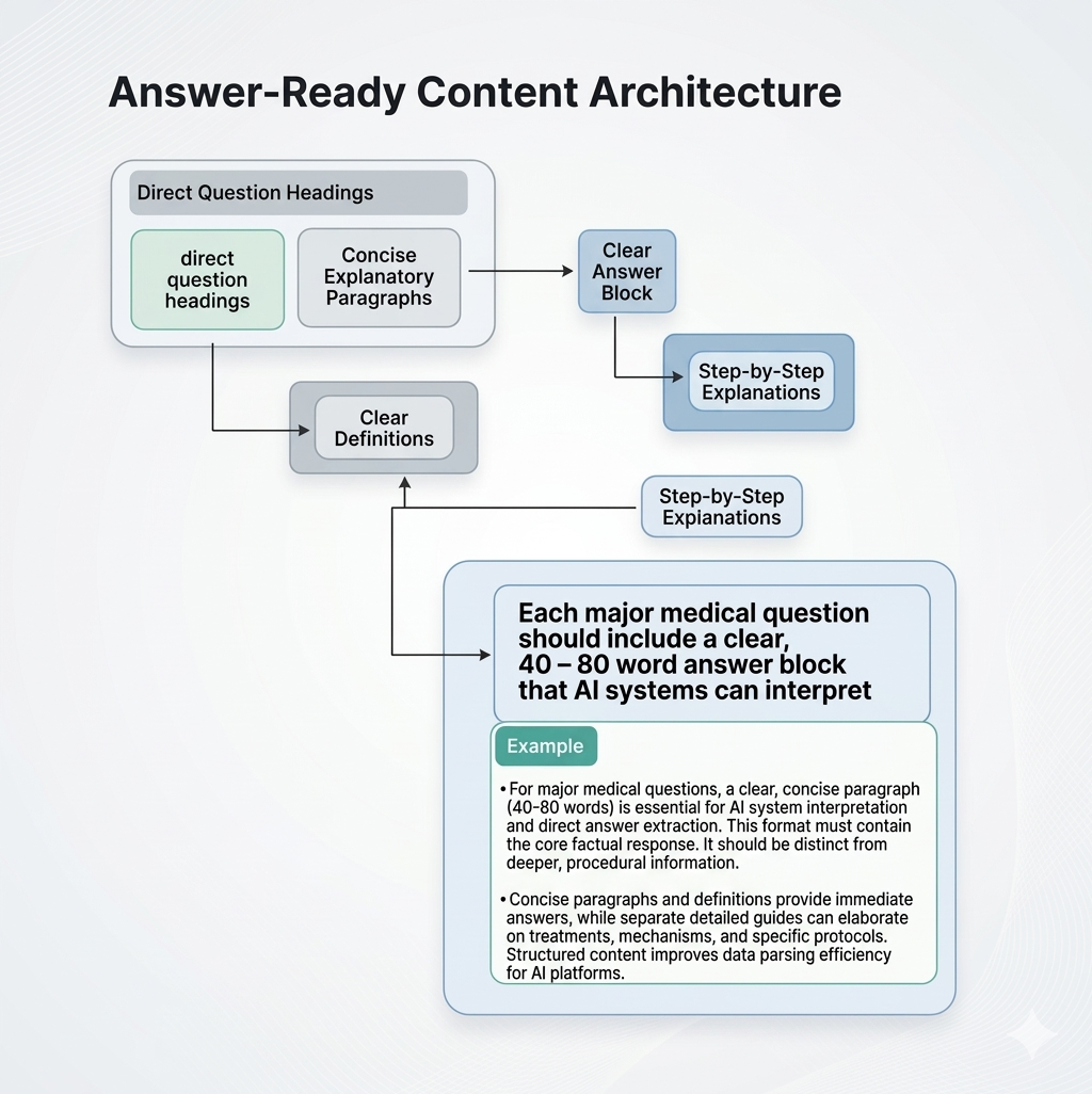A flowchart diagram titled 'Answer-Ready Content Architecture' illustrating how direct question headings connect to clear definitions, concise paragraphs, and a specific 40-80 word answer block for AI extraction.