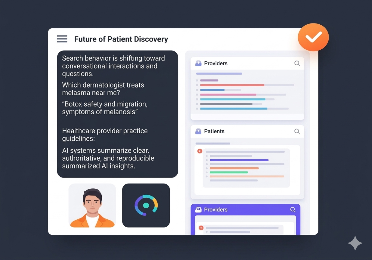 A digital interface mockup showing a conversational AI search dashboard answering complex healthcare questions with summarized data results.
