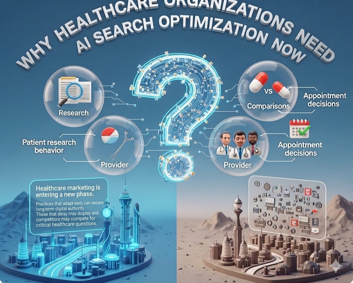 A 3D conceptual illustration showing a glowing question mark connected to data nodes for patient research, provider selection, and appointment decisions, hovering above two contrasting futuristic cityscapes.