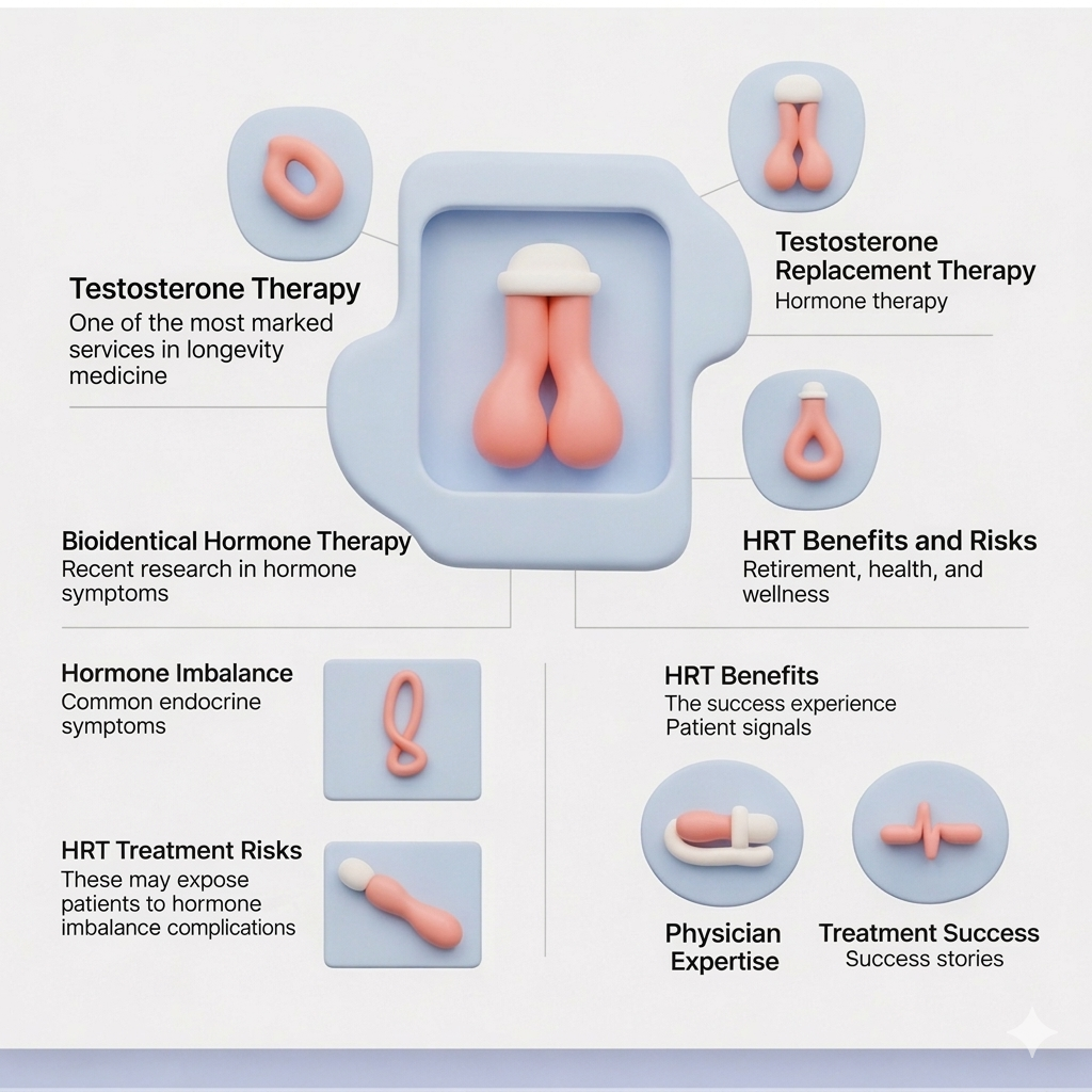 A 3D infographic illustrating hormone therapy marketing concepts, surrounded by nodes representing testosterone replacement, bioidentical hormones, and HRT benefits.