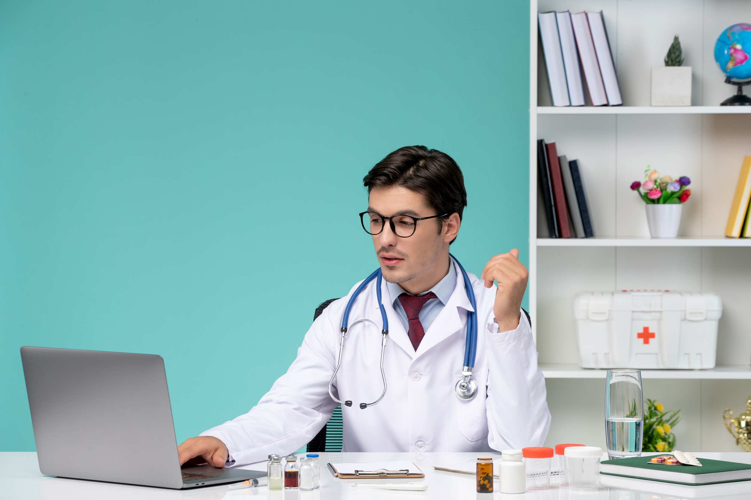 Medical marketing specialist reviewing SEO analytics and website search rankings on a laptop