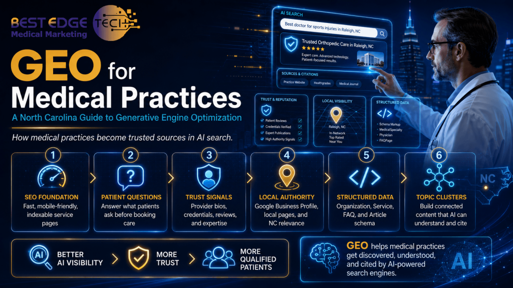 GEO for medical practices infographic showing SEO foundation, patient questions, trust signals, local authority, structured data, and topic clusters for North Carolina doctors.