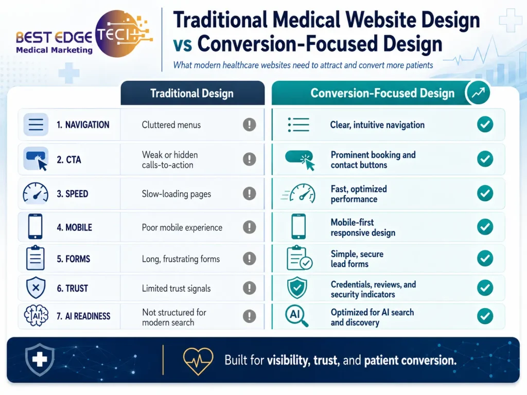 Infographic comparing traditional medical websites with conversion-focused medical website design