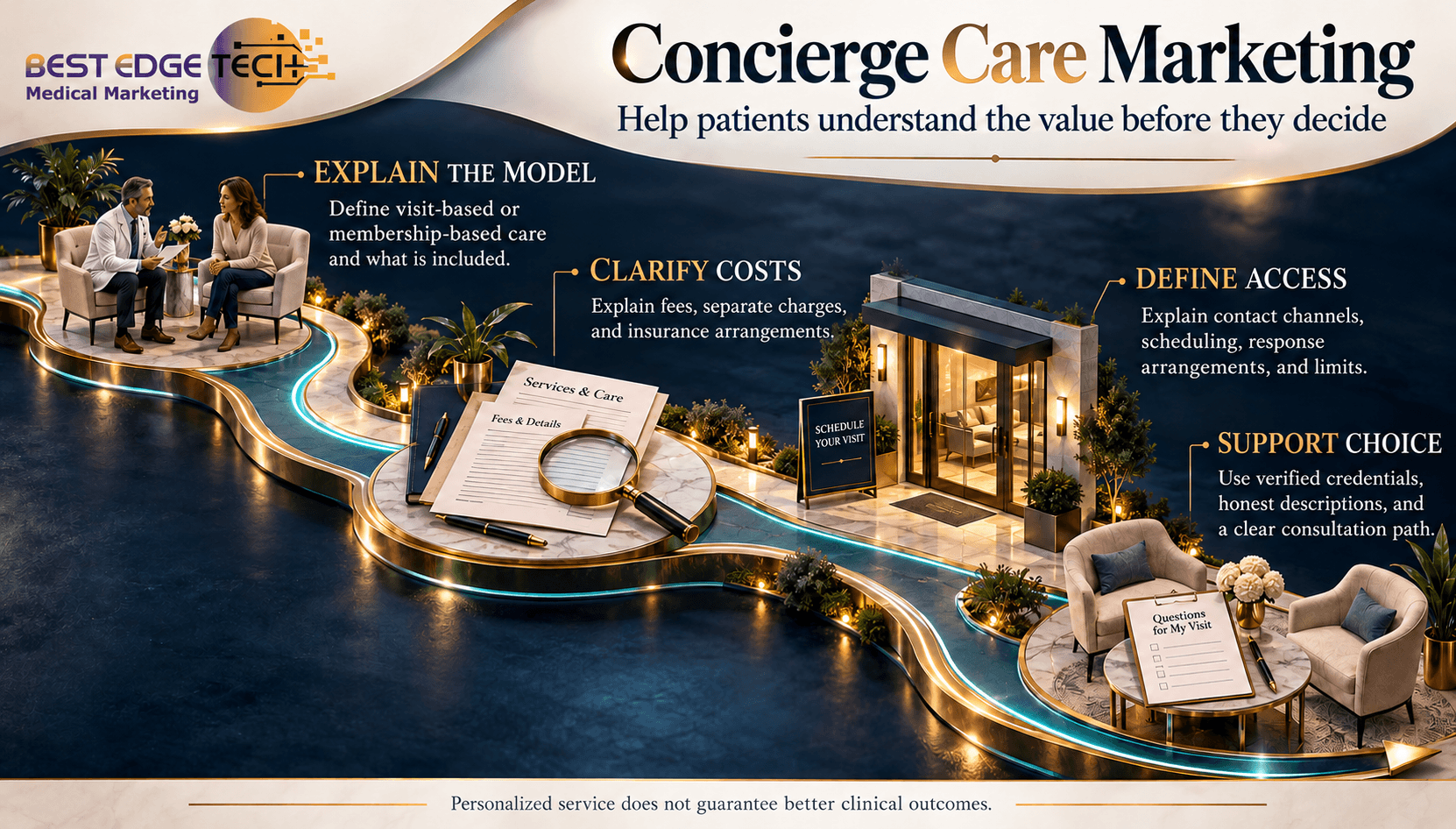 Concierge care marketing infographic showing a 3D patient-choice pathway through care models, costs, access expectations, and informed decisions.