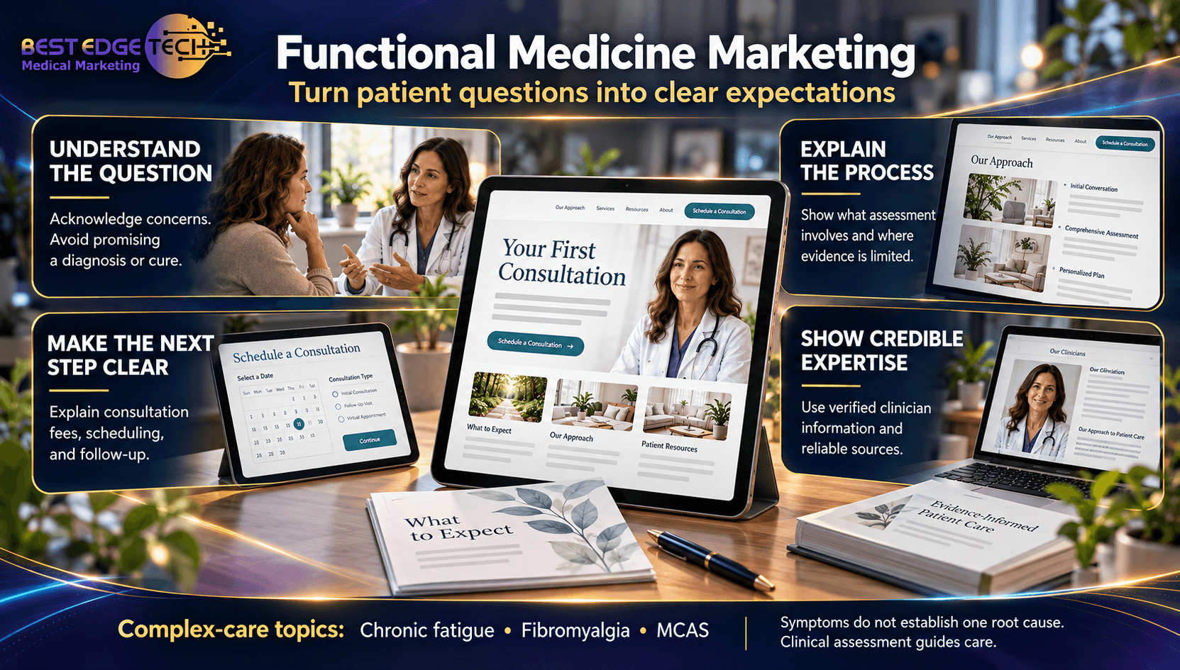 Functional medicine marketing infographic showing how to address patient questions, explain assessments, clarify consultation steps, and demonstrate credible expertise.