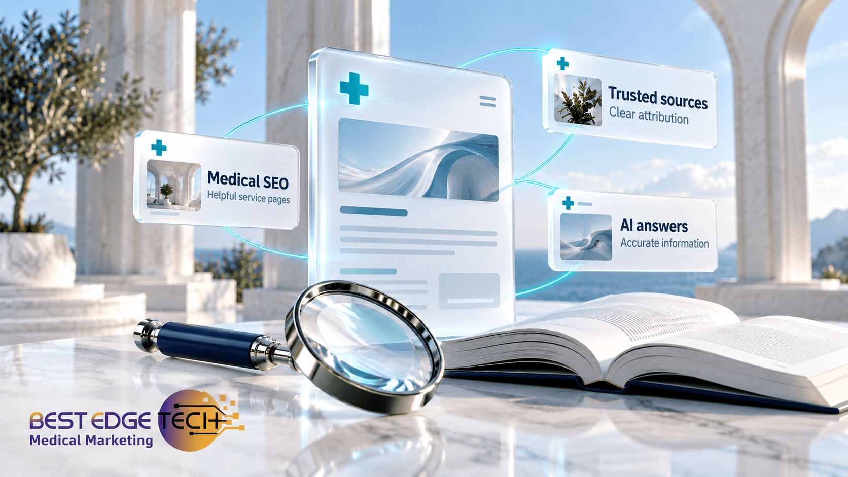 Medical marketing illustration with readable Medical SEO, Trusted Sources, and AI Answers cards.