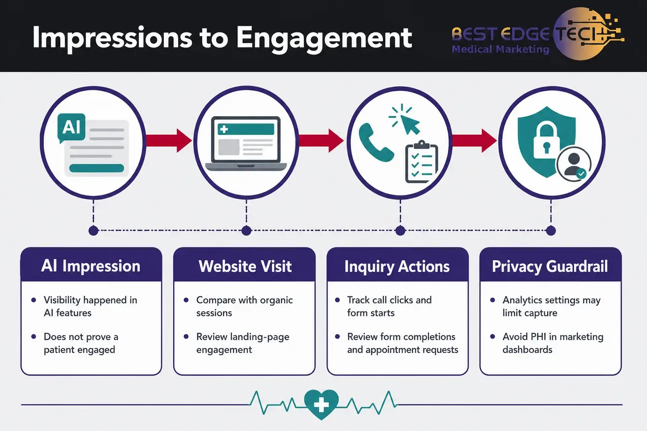 Diagram showing AI impressions leading to website engagement and inquiry actions.