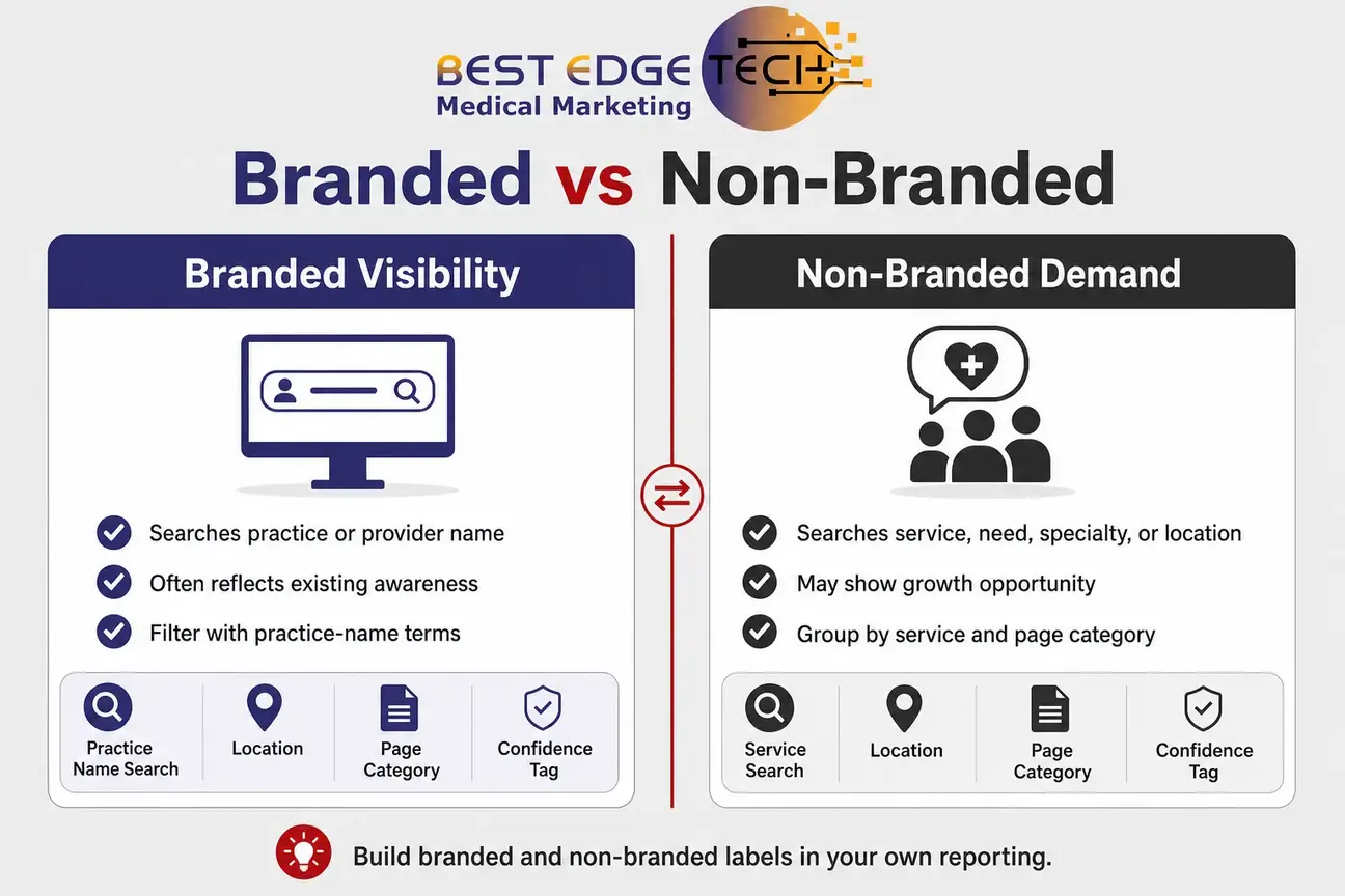 Split infographic comparing branded and non-branded AI search visibility for medical practices.