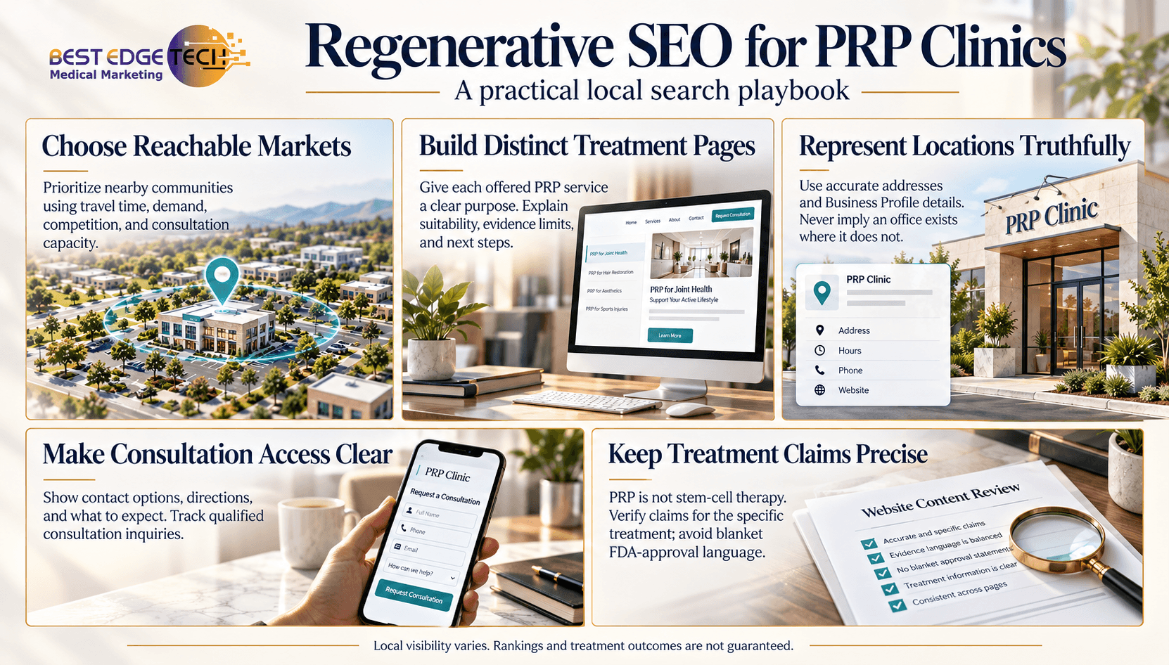 Regenerative SEO infographic outlining local market selection, treatment pages, truthful locations, consultation access, and accurate PRP claims.